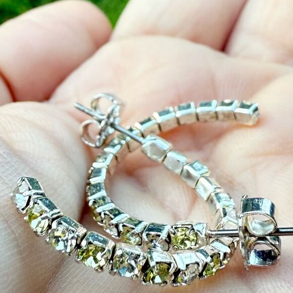 WOMEN’S SILVER HOOP EARRINGS WITH YELLOW & CLEAR CRYSTAL TENNIS SETTING - Picture 10 of 16